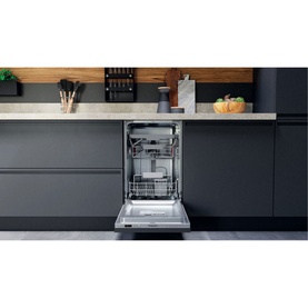 Hotpoint Built-In Slimline Dishwasher 9 Place 54cm, door open revealing interior racks, installed in dark grey fitted kitchen