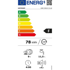 Hotpoint Built-In Slimline Dishwasher EU energy label, F-rated, 78kWh, 9 place settings, 11.5L water use, 4hr cycle