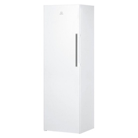 Indesit Freestanding 60cm NoFrost Freezer 259L in white, tall upright design with silver bar handle, angled view