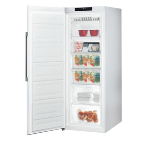 Indesit Freestanding 60cm NoFrost Freezer 259L in white, open door revealing multiple shelves stocked with frozen food and containers