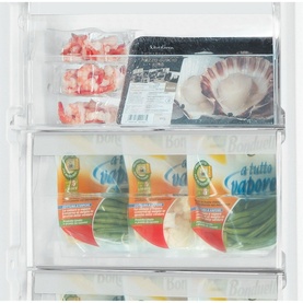 Indesit Freestanding 60cm NoFrost Freezer 259L interior drawer storing frozen seafood, vegetables and labelled food pouches