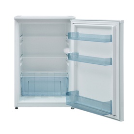 Indesit Freestanding Under Counter Fridge in white, open door view showing three interior shelves and blue door compartments