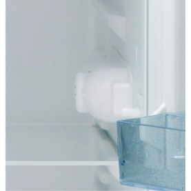 Indesit Freestanding Under Counter Fridge White interior close-up showing water dispenser and blue crisper drawer detail