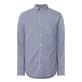 Gant Embroidered Logo Gingham Shirt in navy, button-down collar, long sleeves, chest patch pocket, curved hem, 100% cotton