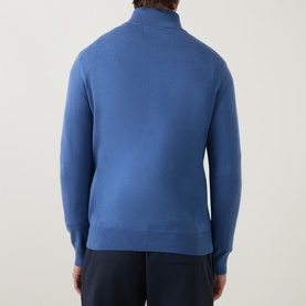 Model wearing Gant Shield Half-Zip Logo Sweater in blue, back view showing funnel neckline, ribbed trims and long sleeves