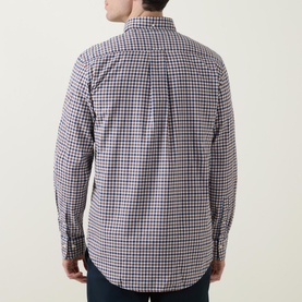 Model wearing Gant Checked Light Twill Regular Shirt in navy and white small check, rear view showing box pleat and locker loop detail
