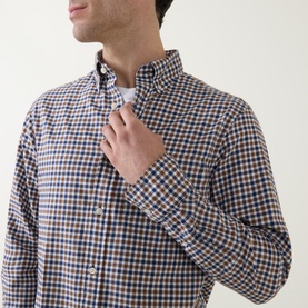 Model wearing Gant Checked Light Twill Regular Shirt in navy and tan small check, button-down collar, adjusting front placket