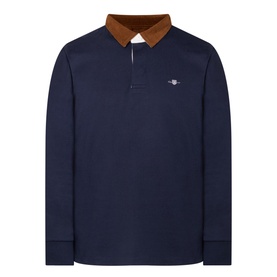 Gant Corduroy Collared Rugby Shirt in navy with tan corduroy collar, long sleeves, concealed button placket and logo embroidery