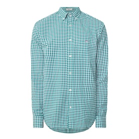 Gant Gingham Single-Cuff Casual Shirt in green, button-down collar, chest pocket with logo, long sleeves, curved hem