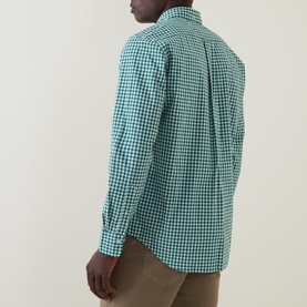 Model wearing Gant Gingham Single-Cuff Casual Shirt in green, rear view showing button-down collar and all-over gingham pattern