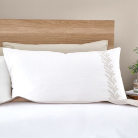 Bianca Embroidery Leaf Duvet Set Natural in white cotton with delicate natural leaf embroidery detail on pillowcase, styled on bed