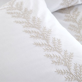 Bianca Embroidery Leaf Duvet Set Natural, white cotton with delicate embroidered leaf branch detail in natural beige tones