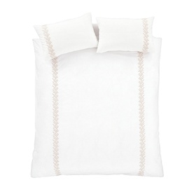 Bianca Embroidery Leaf Duvet Set in Natural white cotton with delicate leaf embroidery trim detailing, shown with pillowcases