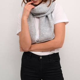 Model with Kaffe Siv Pointed-End Scarf in grey knitted fabric with pointed ends, styled with white tee and black jeans