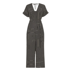 Whistles Printed Jumpsuit in black and white geometric stripe, V-neckline, short sleeves, self-tie belt, wide-leg silhouette, low back