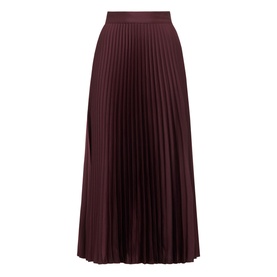 Forever New Estelle High-Rise Pleated Skirt in dark burgundy, elasticated waistband, satin pleated midi length fabrication