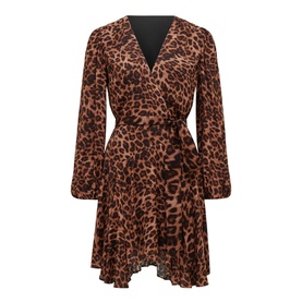 Forever New Amila Leopard Wrap Dress in brown multi-tone print, V-neckline, self-tie belt, long sleeves, asymmetric hem