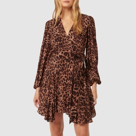 Model wearing Forever New Amila Leopard Wrap Dress in multi, featuring V-neckline, self-tie belt, long sleeves, and asymmetric hem