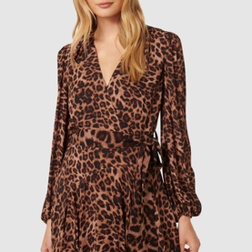Model wearing Forever New Amila Leopard Wrap Dress in multi, featuring V-neckline, self-tie belt and long sleeves