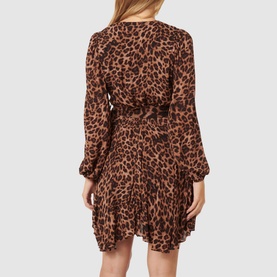 Model wearing Forever New Amila Leopard Wrap Dress in multi, showing back view with long sleeves, self-tie belt, and asymmetric hem