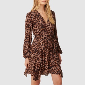 Model wearing Forever New Amila Leopard Wrap Dress in multi, featuring V-neckline, long sleeves, self-tie belt and asymmetric hem