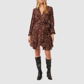 Model wearing Forever New Amila Leopard Wrap Dress in multi, styled with black knee-high boots. Long sleeves, V-neckline, asymmetric hem