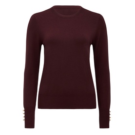 Forever New Katie Split-Cuff Sweater in burgundy, crew neck, long sleeves with deep split cuffs and decorative button detailing