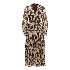 Forever New Saskia Printed Pleated Dress in multi brown floral print, midi length, wrap bodice, band collar, long blouson sleeves, faux leather belt