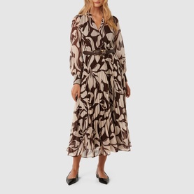 Model wearing Forever New Saskia Printed Pleated Dress in multi floral print with belt, styled with black pointed-toe flats