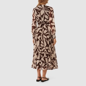 Model wearing Forever New Saskia Printed Pleated Dress in multi, back view, showing pleated midi skirt, long sleeves, and faux leather belt
