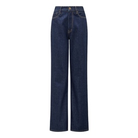 Forever New Sky High-Rise Straight Leg Jeans in dark blue wash, straight-leg silhouette, five-pocket style with contrast stitching and belt loops