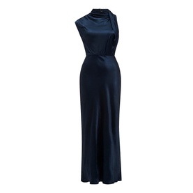 Forever New Sienna Satin Flared Dress in blue with high neckline, asymmetric cap sleeve, twist crossover shoulder strap, and draped skirt