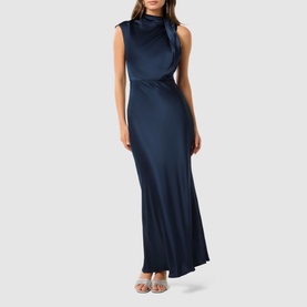 Model wearing Forever New Sienna Satin Flared Dress in blue, featuring high neck, asymmetric cap sleeve, twist shoulder strap and draped maxi skirt