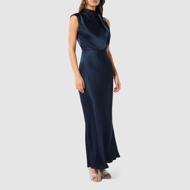 Model wearing Forever New Sienna Satin Flared Dress in blue with high neck, asymmetric cap sleeve, twist shoulder strap, and draped skirt