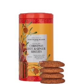 Fortnum & Mason Gluten Free Christmas Date & Ginger Biscuit 200g in festive red and yellow tin, with stacked biscuits alongside