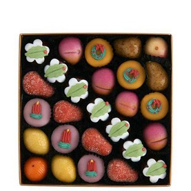 Fortnum & Mason Medium Christmas Marzipan Fruits Selection 275g, overhead view of assorted colourful marzipan shapes in a gift box