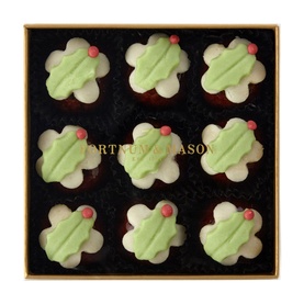 Fortnum & Mason Marzipan Christmas Puddings 100g, box of nine white and green marzipan sweets with red berry detail on black crinkle paper