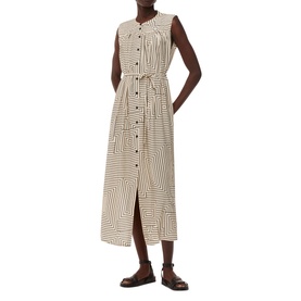 Model wearing Whistles Ilana Striped Shirt Dress in cream, sleeveless with button placket and tie belt, styled with dark ankle boots