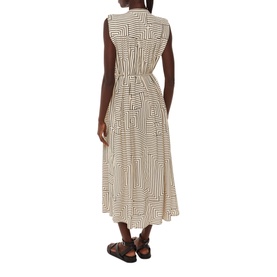 Model wearing Whistles Ilana Striped Shirt Dress in cream, sleeveless with geometric stripe print and tie belt, back view, styled with dark sandals