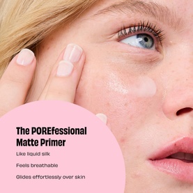 Model with Benefit The POREfessional Matte Primer applied to cheek, showing smooth, blurred skin finish on fair complexion