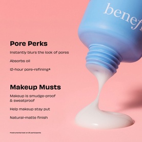 Benefit The POREfessional Matte Primer in blue bottle dispensing cream-coloured primer, with Pore Perks and Makeup Musts text on pink background