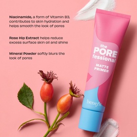 Benefit The POREfessional Matte Primer tube in pink and blue packaging, shown with rose hip botanicals and product texture swipe.