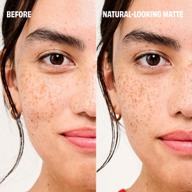 Before and after split showing Benefit The POREfessional Matte Primer result: visibly reduced shine and minimised pores on model's skin.