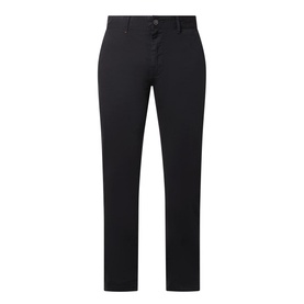 Hugo Boss Orange Slim-Leg Chinos in black, mid-rise with belt loops, concealed zip fly, and clean hems. 97% cotton