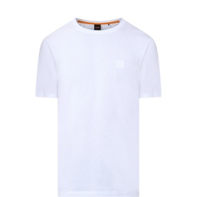 Hugo Boss Orange Tales Logo T-Shirt in white, crew neck, short sleeves, small chest logo detail, smooth cotton finish