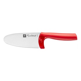 Zwilling Twinny Kids Chef Knife in red with rounded stainless steel blade and red plastic handle with finger guard for safety