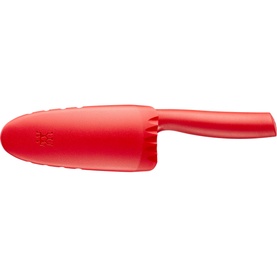 Zwilling Twinny Kids Chef Knife in red, showing rounded plastic blade with integrated finger guard for child safety