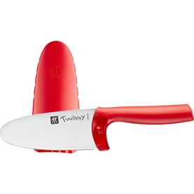 Zwilling Twinny Kids Chef Knife in red with white rounded blade and matching red finger guard protective cover