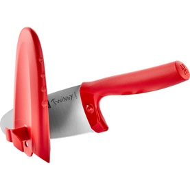 Zwilling Twinny Kids Chef Knife in red with rounded stainless steel blade, finger guard, and matching red protective cover sheath