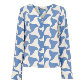 Whistles Triangle Swirl Blouse in blue, cream triangle swirl print, V-neckline, button fastening, long blouson sleeves